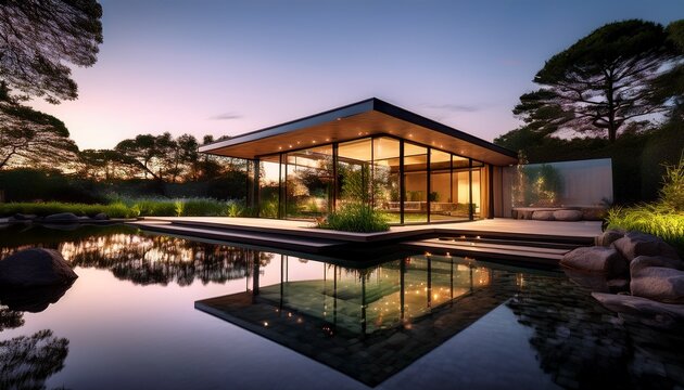 a glass pavilion house surrounded by a reflective water feature and soft landscape lighting
