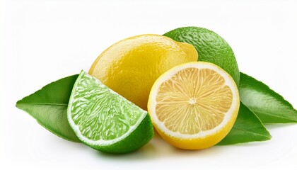 fresh lemon and lime with green leaves and slices isolated on white