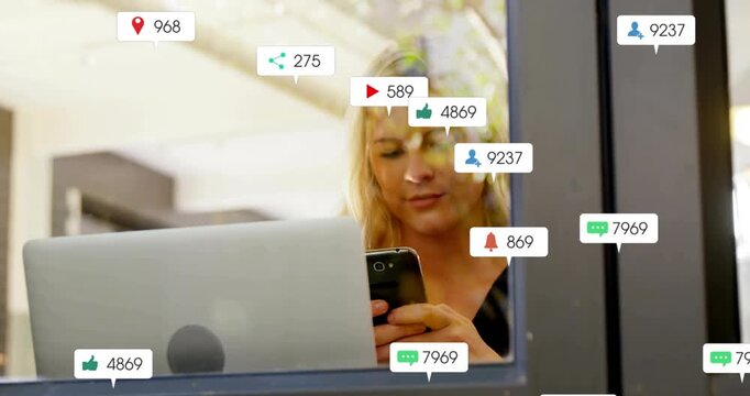 Woman scrolling phone behind glass, seeing animated social alerts over laptop and tracking metrics