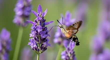 Fototapeta premium Hummingbird Hawk Moth Feeding on Lavender Flower.