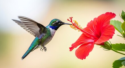 Fototapeta premium Hummingbird Feeding on Red Hibiscus Flower.