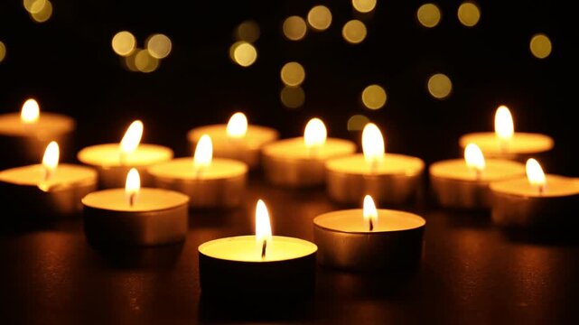 Many burning candles on black background, closeup. Bokeh effect