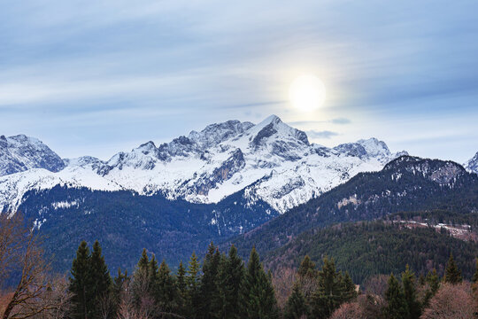 Alpine landscape - view of the Alps from Eckbauer mountain near in the alpine ski town of Garmisch-Partenkirchen, in Upper Bavaria, Germany