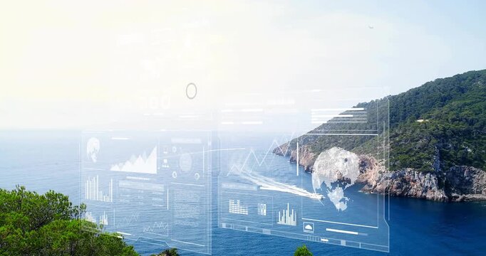 Boat wake initiating HUD emerging over bay, aligning charts and globe showing route trends