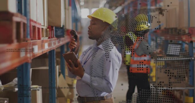 Warehouse worker scanning bins after tablet prompt, dotted map overlay guiding stock checks