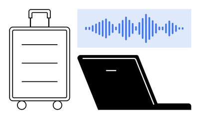 Travel technology concept. Travel tools with suitcase, laptop, and sound wave design for digital communication. Travel combined with tech innovation and smart systems. For tourism, remote work, tech © robu_s