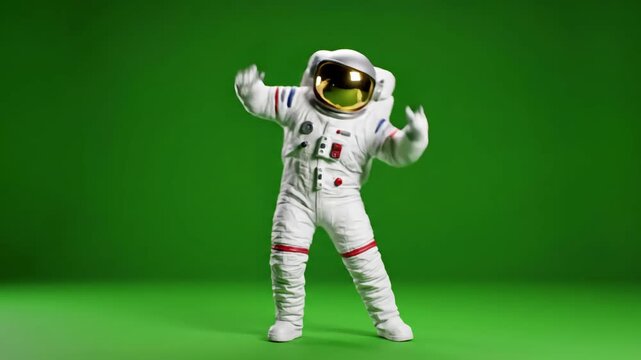 Space Suit Shuffle with funny astronaut dancing green screen realistic 4k animation distortion, overlay, glitch, static noise, scan lines on black background, animated video loop