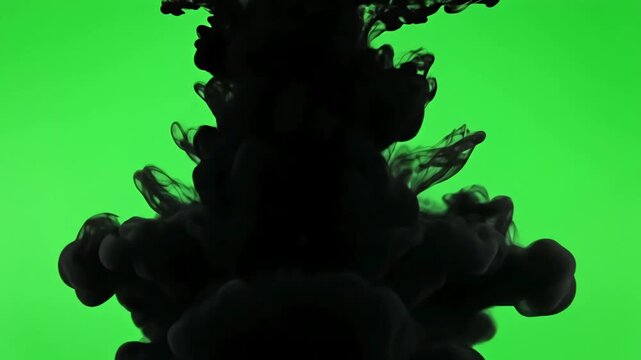 VFX Compositing Elements with cloud of black paint mixing into water over green screen slowly filling the view distortion, overlay, glitch, static noise, scan lines on background, 4k animated video