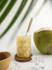 Iced Coconut Water With Palm Sugar Served In Glass Jar Tropical Refreshing Drink