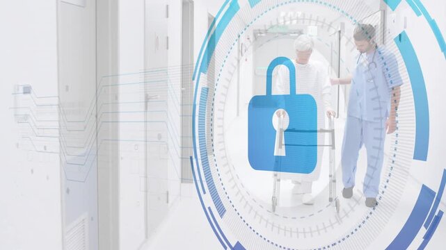 Patient using walker and nurse guiding hospital corridor, padlock HUD animating in, protecting data