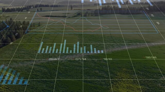 Grid appearing starts holo over field animating pies bars lines donut updating to show crop metrics
