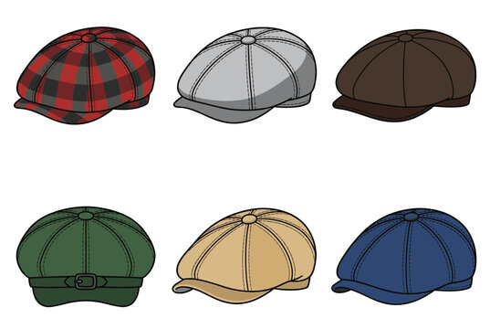 Collection of classic newsboy caps and flat ivy hats in various colors and patterns, vintage headwear style for men fashion accessories vector illustration