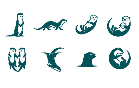 Collection of playful otter silhouettes in various poses including swimming standing and floating, cute aquatic mammal icons for nature and wildlife design