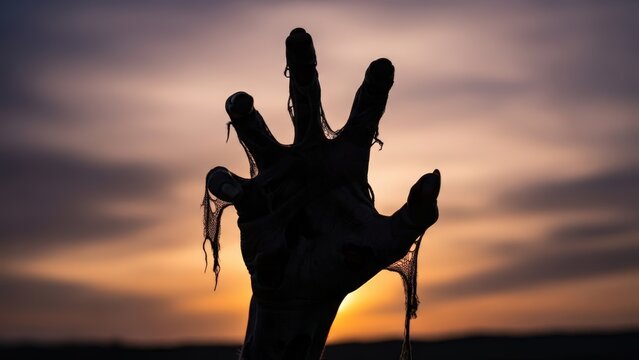 Silhouette of a Creepy Hand Reaching Upwards Against a Dramatic Sunset Sky.