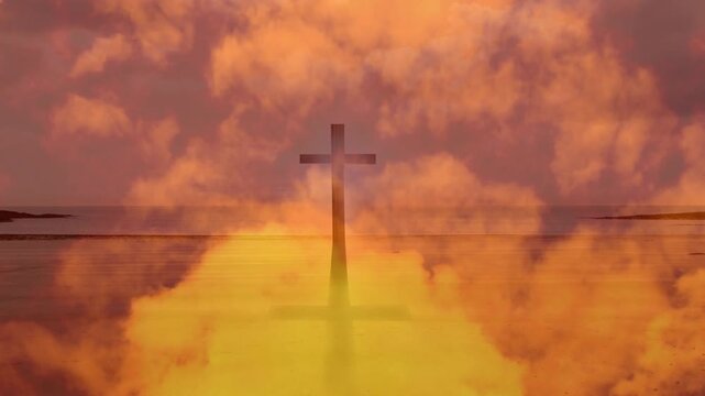 Glow rising from horizon, causing reflection while clouds billowing, obscuring and revealing cross