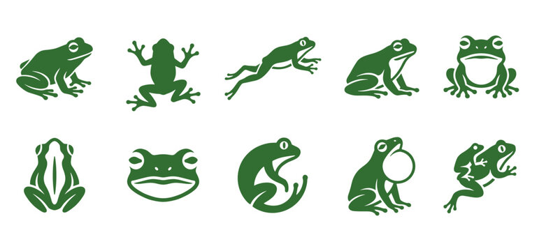 Set of green frog silhouettes in various poses including jumping sitting and swimming isolated on white background for nature wildlife and biology designs
