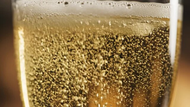 Close-up of a glass of beer with bubbles.