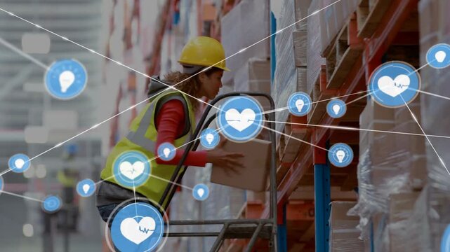 Warehouse picker climbing ladder lifting box and stocking racks while blue icons linking around her