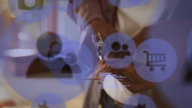 User holding clip tapping screen activating AR showing blue shopping icons floating code for retail