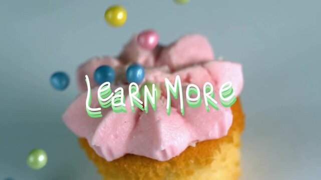 Pink cupcake centered while pearls entering edges, piling on frosting, highlighting Learn More