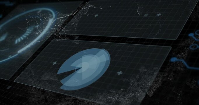 Camera focusing lower panel blue scan rings rotating wedge sweeping core pulsing showing scan