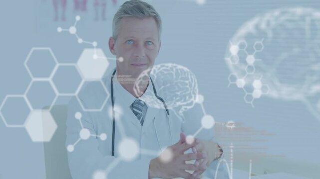 Male physician entering, checking notes, centering, medical overlays drifting over him