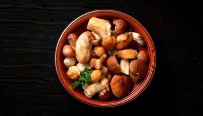 Fototapeta na wymiar Bowl of Assorted Mushrooms on a Dark Background.