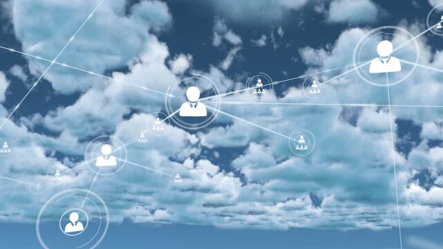 On start user icons sending trimmed strokes and pulsing rings showing network links over clouds