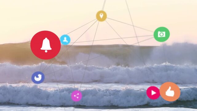 Sunrise glow sparking floating user icons over ocean waves, lines connecting suggesting connections