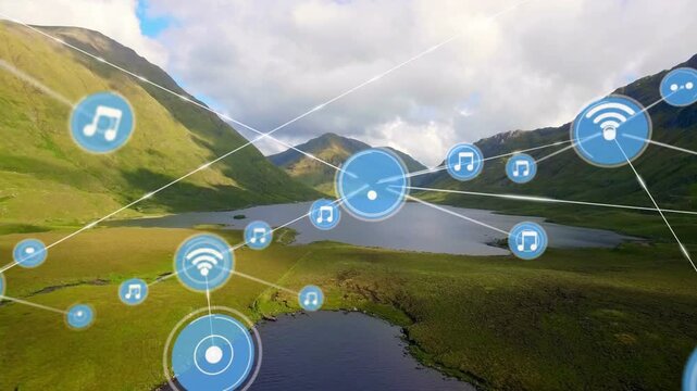 Network overlay appearing from pulsing hub, spawning nodes and lines, showing links over valley