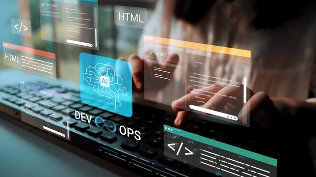 Conceptual image of a developer working on AI and DevOps integration with computer code displayed on futuristic interface and keyboard interaction Gluon.