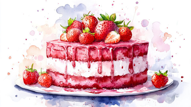 Watercolor illustration of a strawberry cream cake dessert