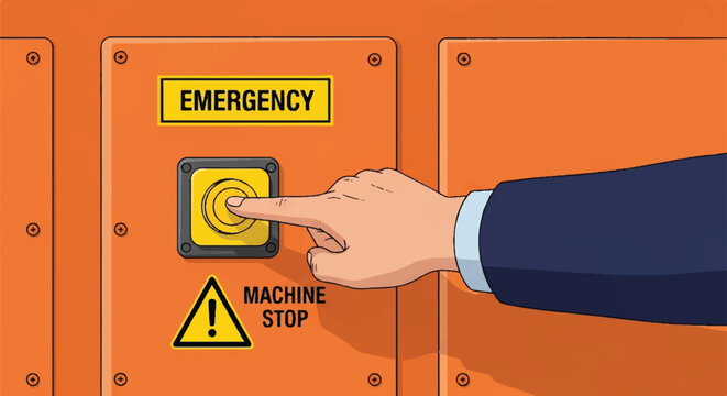 Hand pressing emergency machine stop button in orange industrial panel