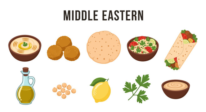 Illustration of Middle Eastern food items including hummus falafel pita salad wrap oil chickpeas lemon parsley and tahini