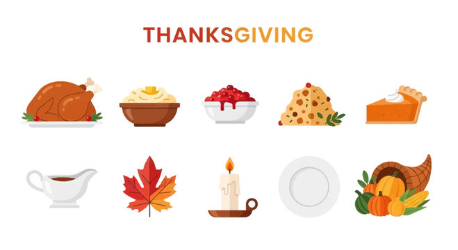 A set of ten flatdesign Thanksgiving icons arranged in two horizontal rows