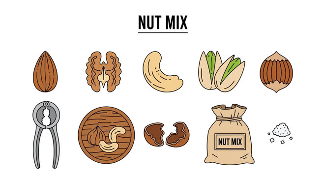 A flat illustration titled NUT MIX featuring various nuts and related items