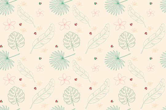 Tropical botanical seamless pattern with monstera leaves palm fan flowers and berries