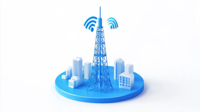 Blue 3D rendered city signal tower emitting wireless network signals