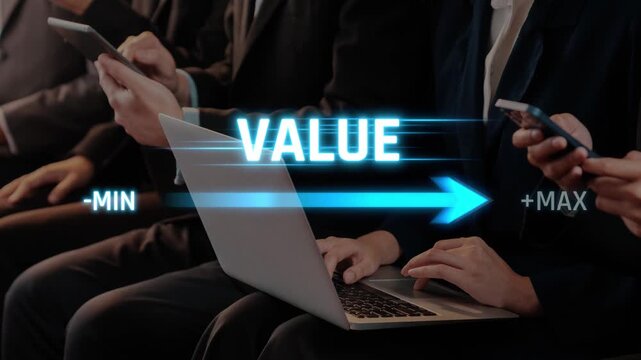 Business professionals interact with laptops and smartphones to demonstrate value measurement concepts in a modern corporate setting, highlighting engagement and technology. Raster