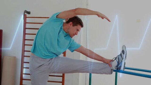 Man placing right leg on blue bar, stretching hamstring in rehab, neon heart pulsing over torso
