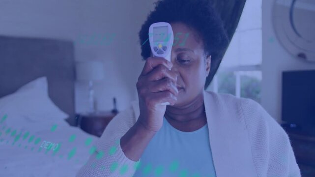 Woman sitting raising IR thermometer to forehead causing green scan wave checking health temp 36