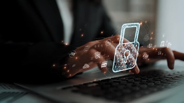 Cybersecurity protection system showing password encryption, fingerprint ID, cloud security, email, credit card, and database lock for secure data access Marrow