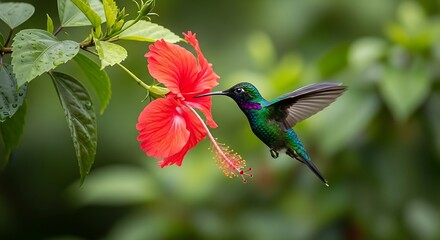 Fototapeta premium Hummingbird Feeding on Red Flower in Garden.