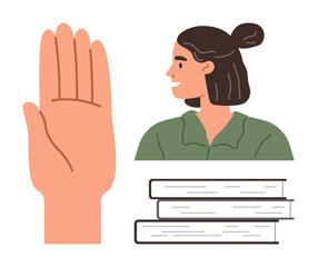 Fototapeta premium Education, communication, self-expression, knowledge, personal growth, study. Hand raised in gesture, woman in profile view and books stacked. Education and communication concept