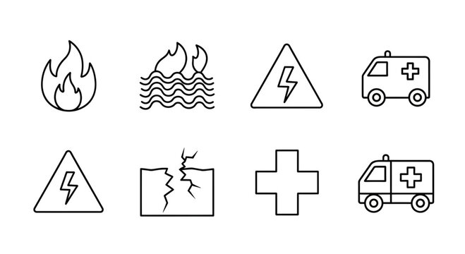 Emergency icons set: fire, flood, electricity, earthquake, ambulance, medical cross