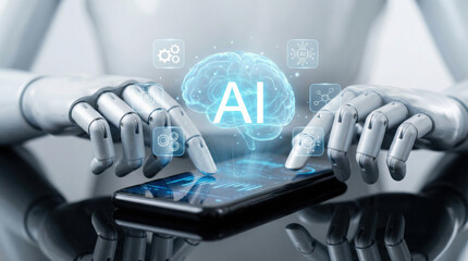 Naklejka premium Agentic ai business workflow concept with robotic hand using smartphone technology