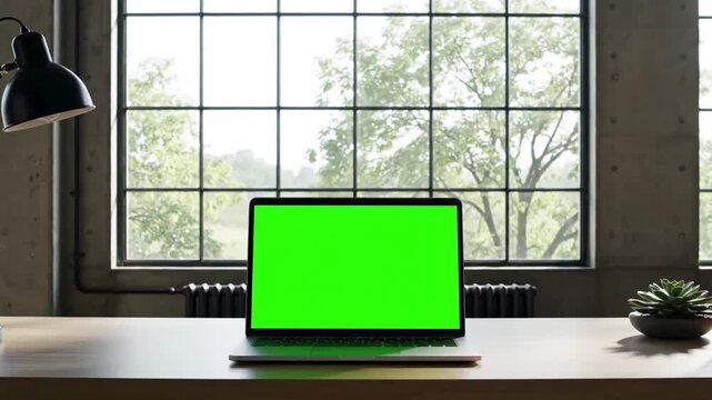 Nature-Infused Interior with laptop blank green screen static footage trees swaying or moving in the wind home loft office background 4k 24fps uhd loop video distortion, overlay, glitch, noise, scan