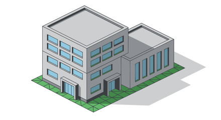 Modern Isometric Office Building with Glass Windows and Green Grass.