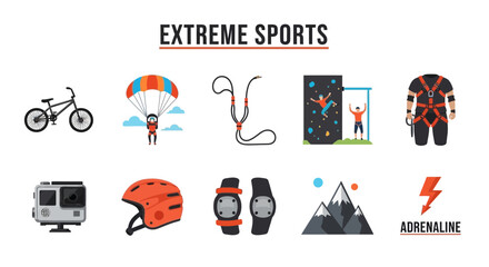 A collection of ten flat icons related to extreme sports activities and gear © zyaa