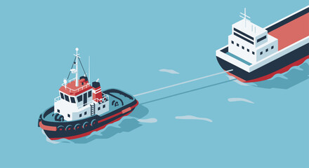 Tugboat pulling a large cargo ship across the water. © Fais